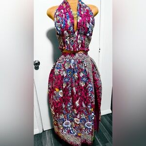 Special and exotic, rare batik/floral summer 2 piece, halter top and long skirt.